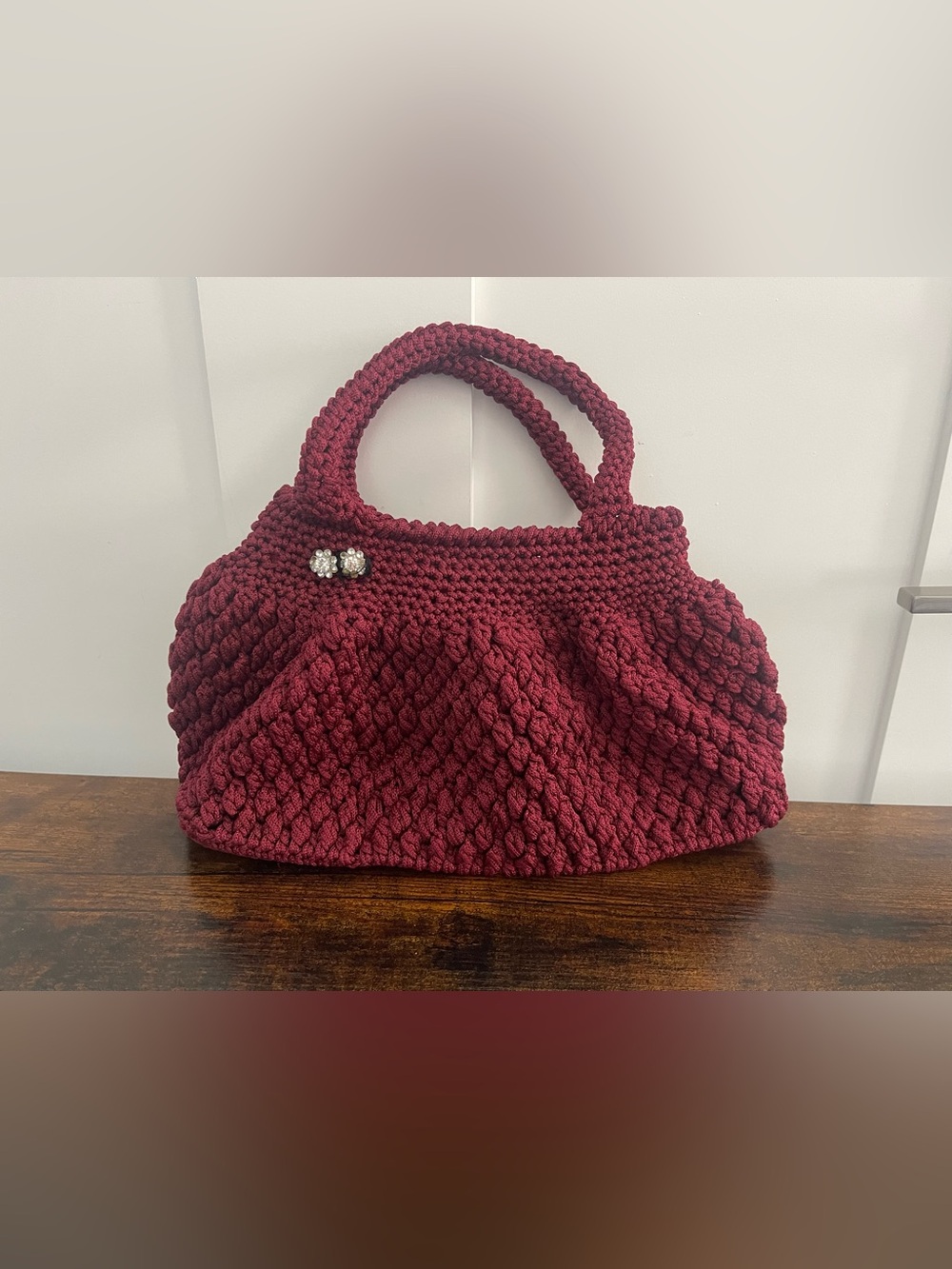 Handcrafted Maroon Knit Tote Bag